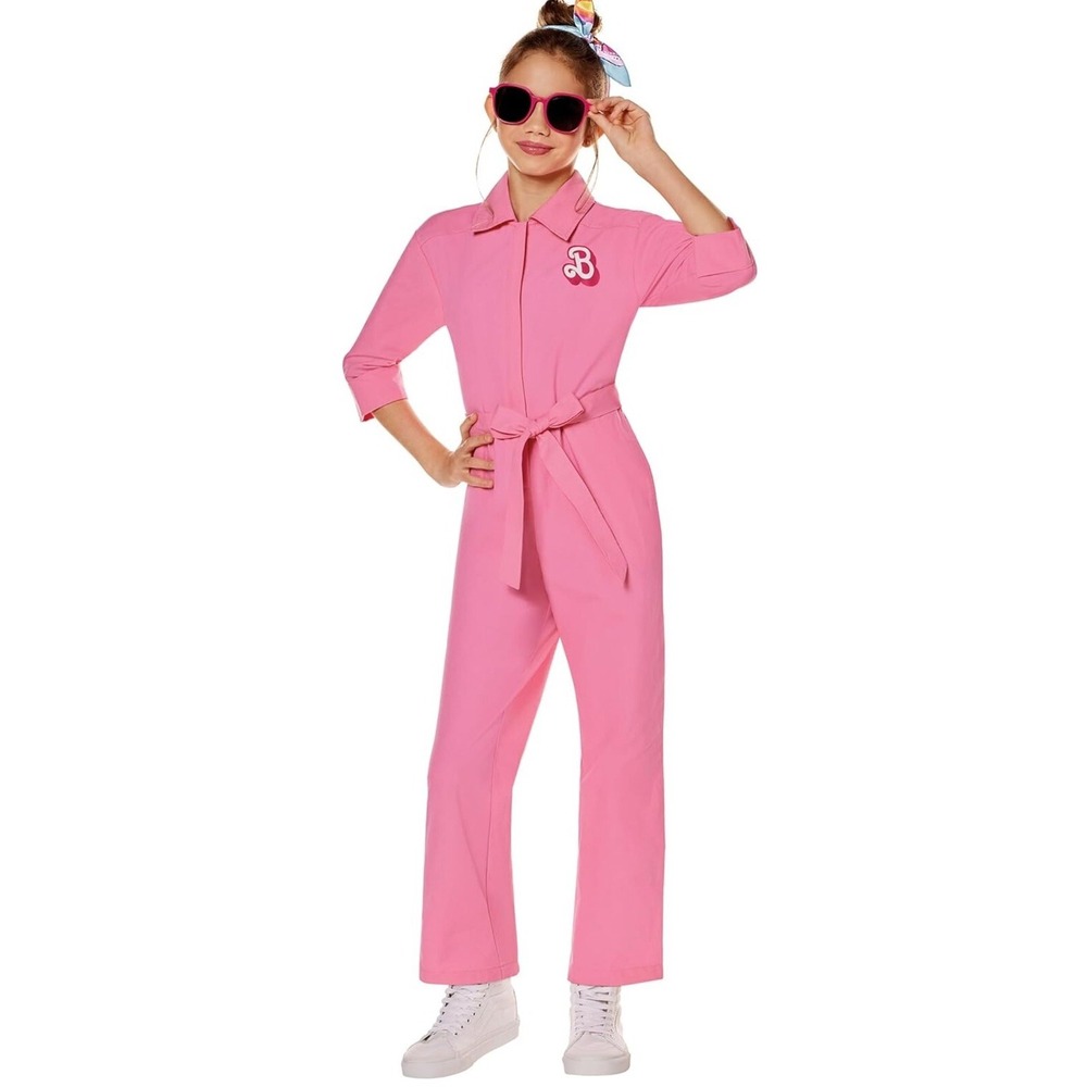 Barbie Pink Power Jumpsuit Glasses & Headband Youth Medium 8-10 Dress up Spirit